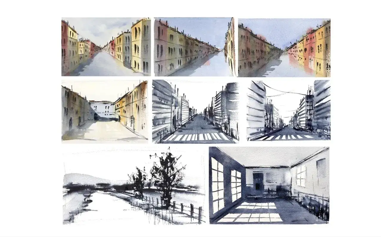 Collection d'aquarelles : un paysage urbain avec des b&acirc;timents color&eacute;s, des rues et une pi&egrave;ce baign&eacute;e de lumi&egrave;re.