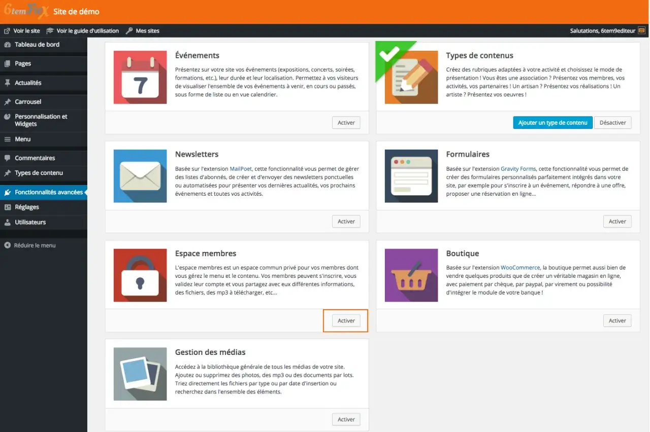 Interface WordPress : gestion des fonctionnalit&eacute;s avanc&eacute;es, y compris l'espace membres pour un contenu priv&eacute;.