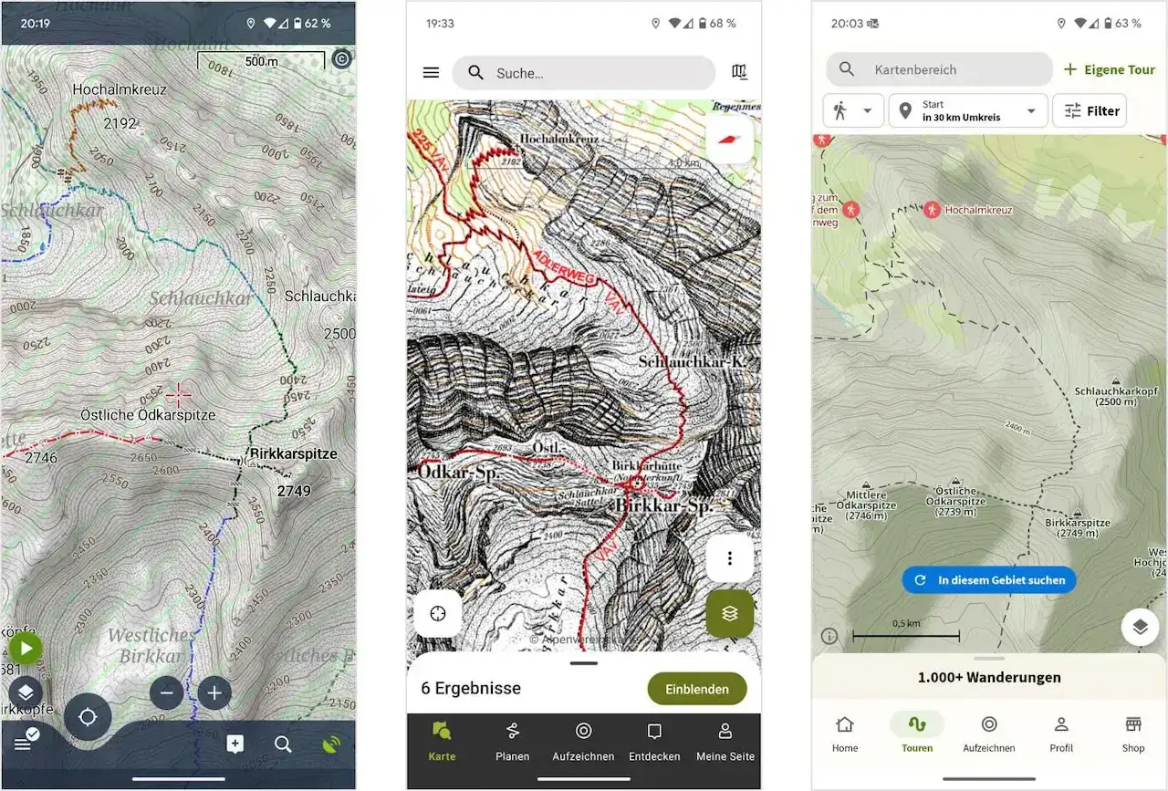 Eine Wanderrouten App zeigt detaillierte Bergkarten mit markierten Wegen und Höhenlinien. Perfekt für deine nächste Tour!