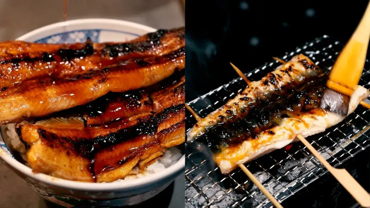 A bowl of rice topped with glistening grilled eel, and another piece of grilled eel being brushed with sauce over a charcoal grill.