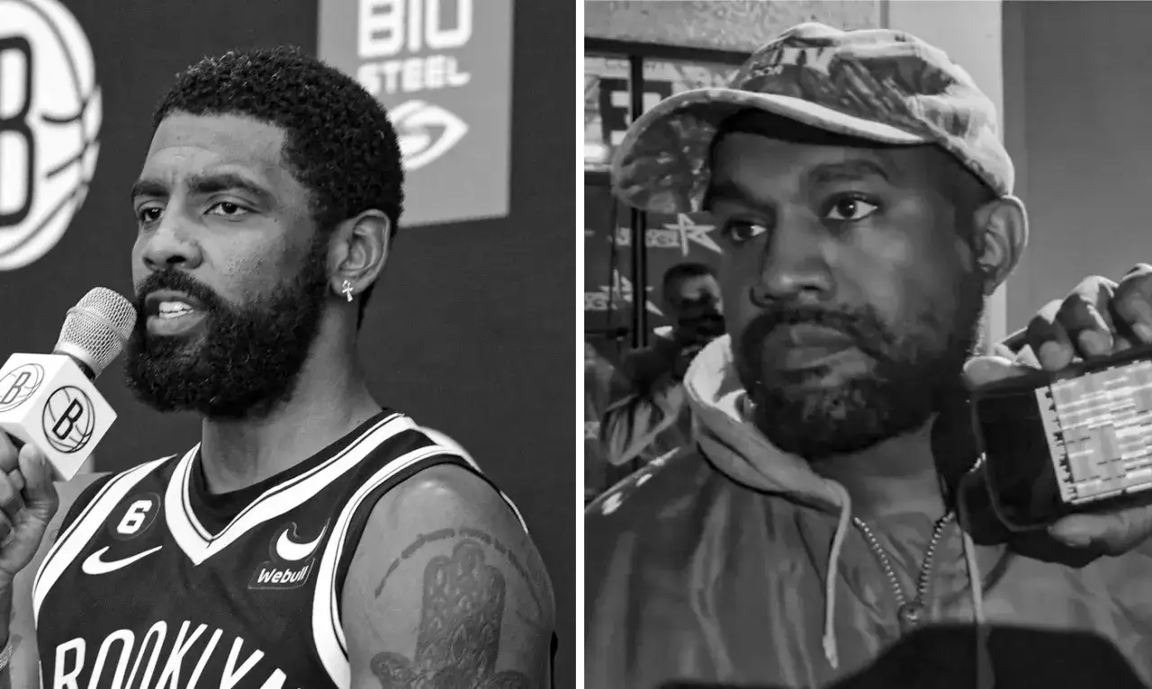 Kanye West zaginal, a obok niego Kyrie Irving z mikrofonem. Dwóch artystów, jedna wizja.