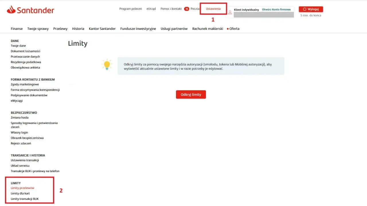 Ustawienia w koncie Santander: zarządzanie limitami przelewów, kart i transakcji BLIK.