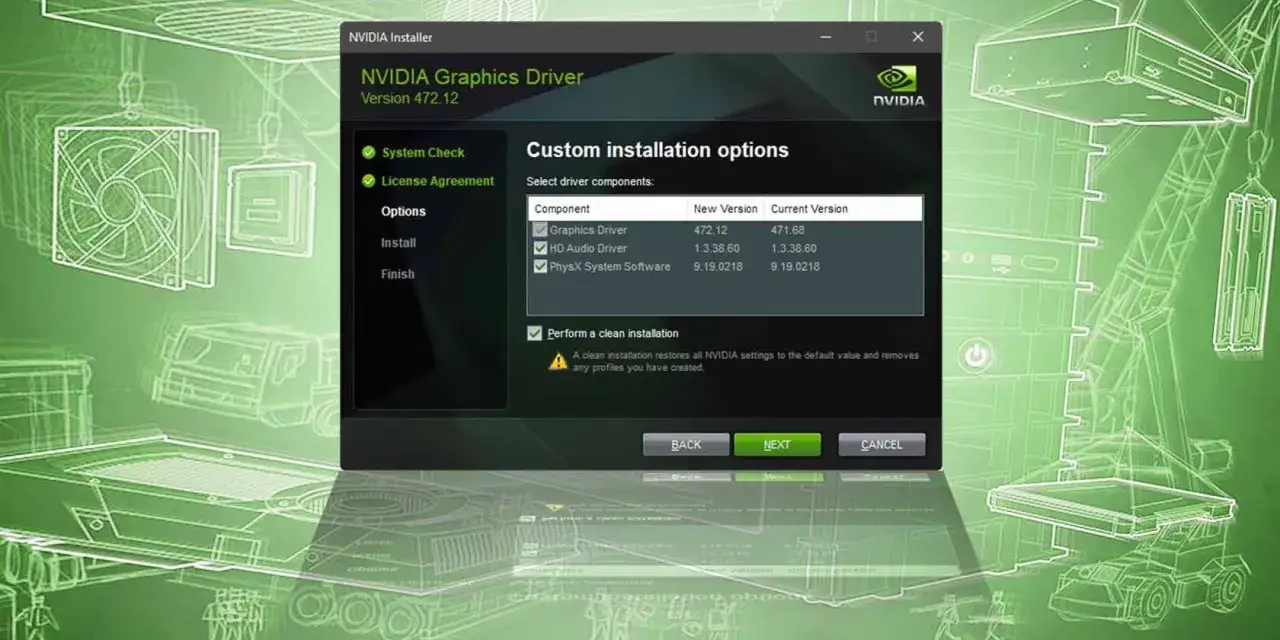 NVIDIA Installer zeigt Optionen zur Installation des Grafiktreibers. Eine saubere Installation wird empfohlen.