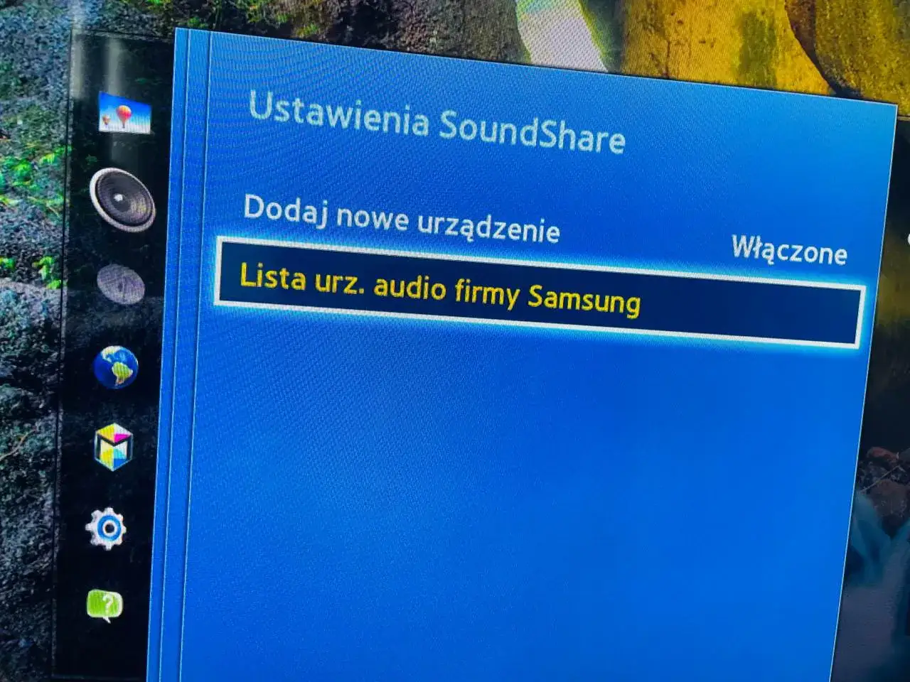 Ustawienia SoundShare na telewizorze Samsung. Widoczna opcja