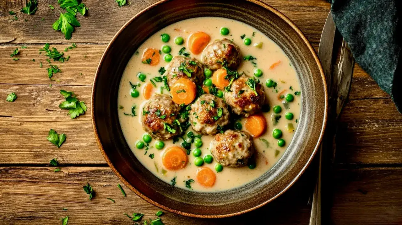 Herzhafte Fleischb&auml;llchen in cremiger So&szlig;e mit Erbsen und Karotten, ein k&ouml;stliches Wikingertopf Rezept.