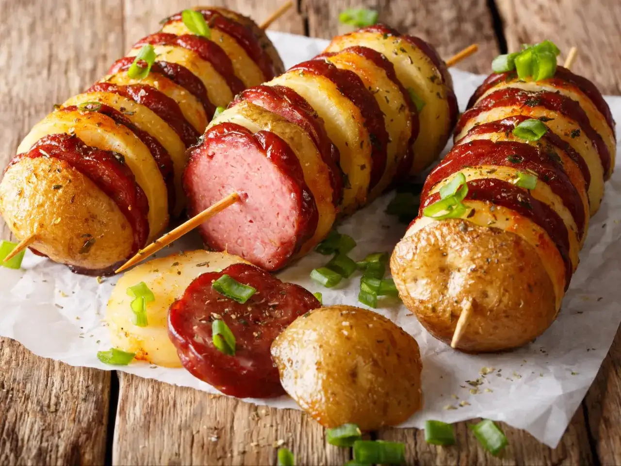 Kiełbasa z grilla inaczej: ziemniaki i kiełbasa na patykach, polane sosem i posypane szczypiorkiem.