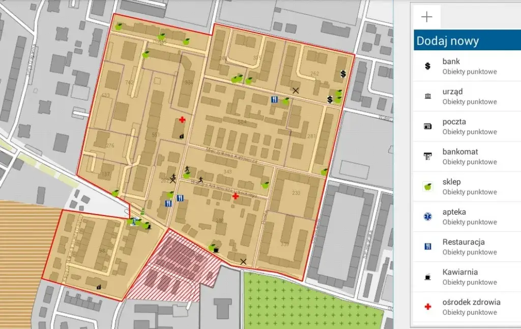 Mapa z zaznaczoną lokalizacją i punktami usługowymi