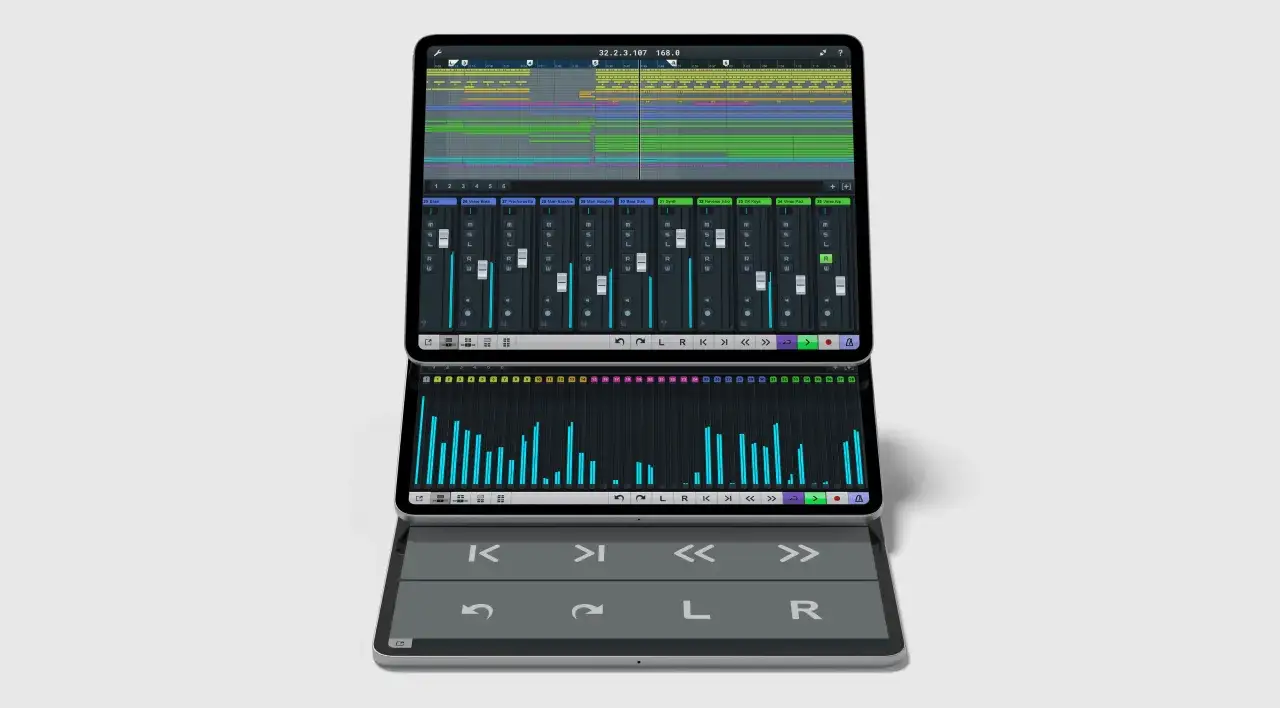 Ein Tablet zeigt die Benutzeroberfläche von Cubase IC Pro mit einer detaillierten Musik-Timeline und Mixer-Fadern.