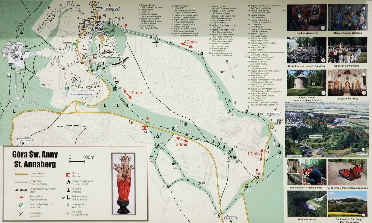 Mapa G&oacute;ry Św. Anny z zaznaczonymi atrakcjami: bazylika, kaplice, grota, amfiteatr, muzeum.