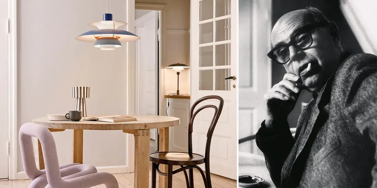 En bild visar ett runt tr&auml;bord med en lampa, en mugg och en bok. Bredvid syns en portr&auml;ttbild av Poul Henningsen.