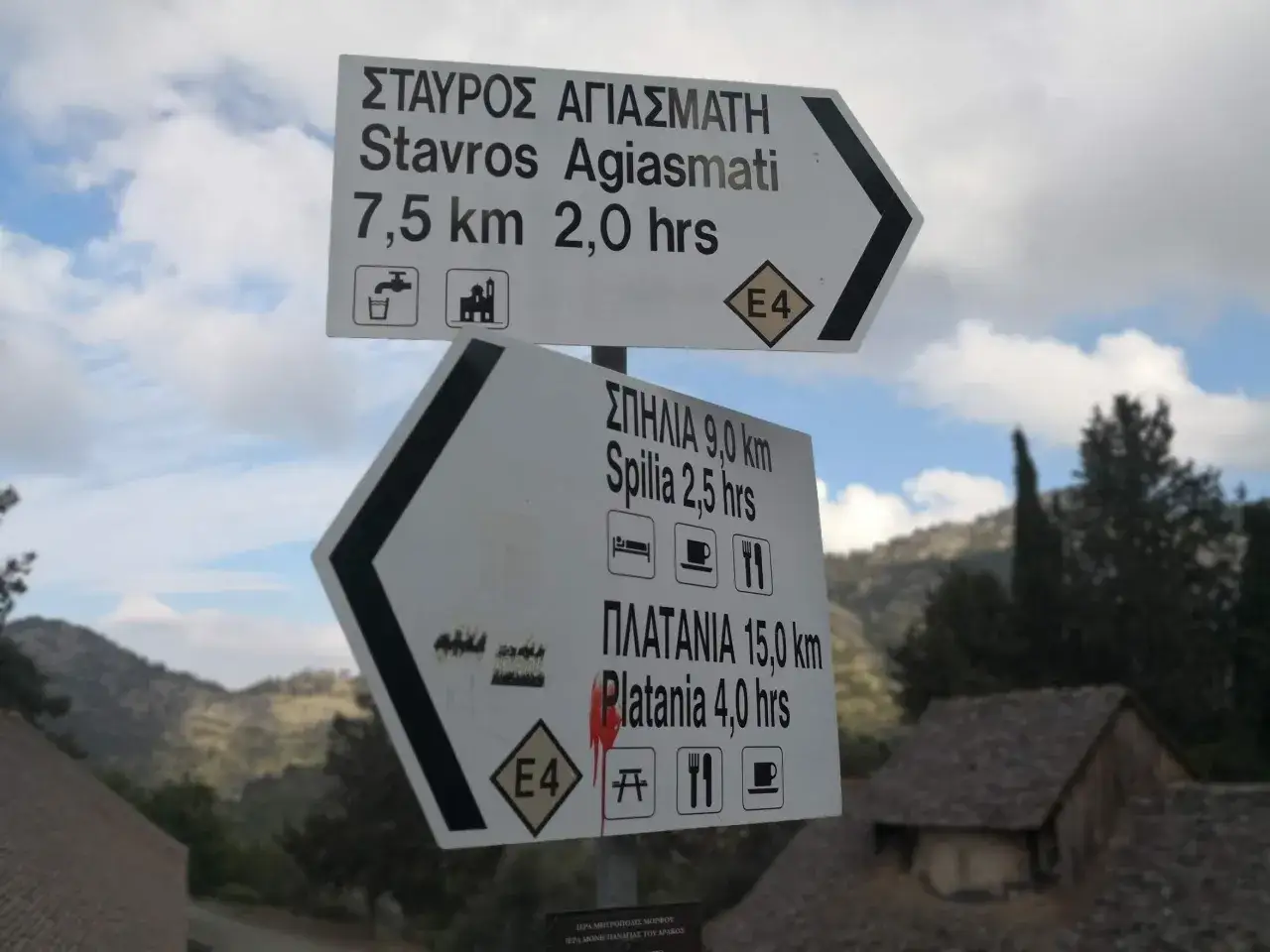 Znaki drogowe na Cyprze wskazują kierunki po grecku i angielsku, językach używanych na wyspie.