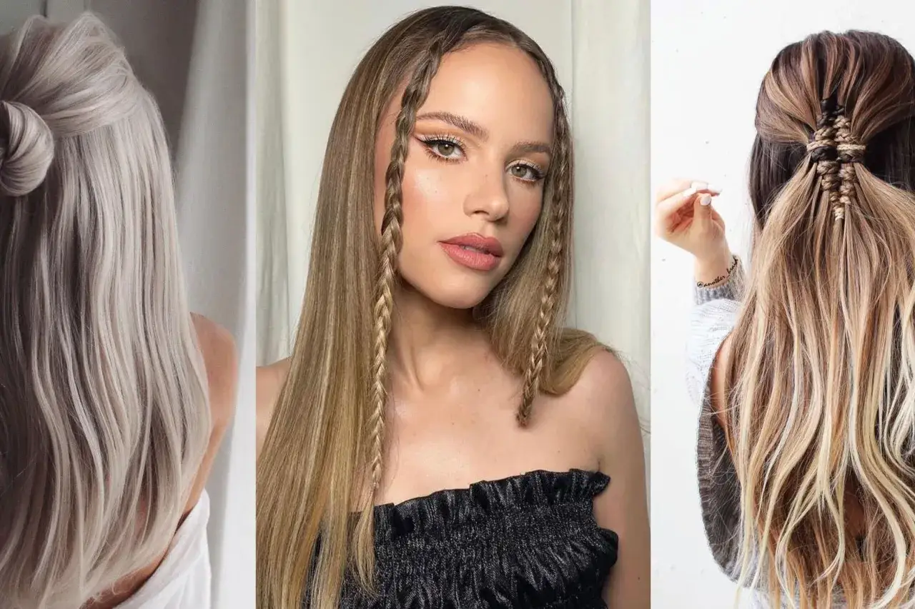 Tres estilos de peinados pelo largo liso: un mo&ntilde;o alto, dos trenzas finas y una coleta trenzada.
