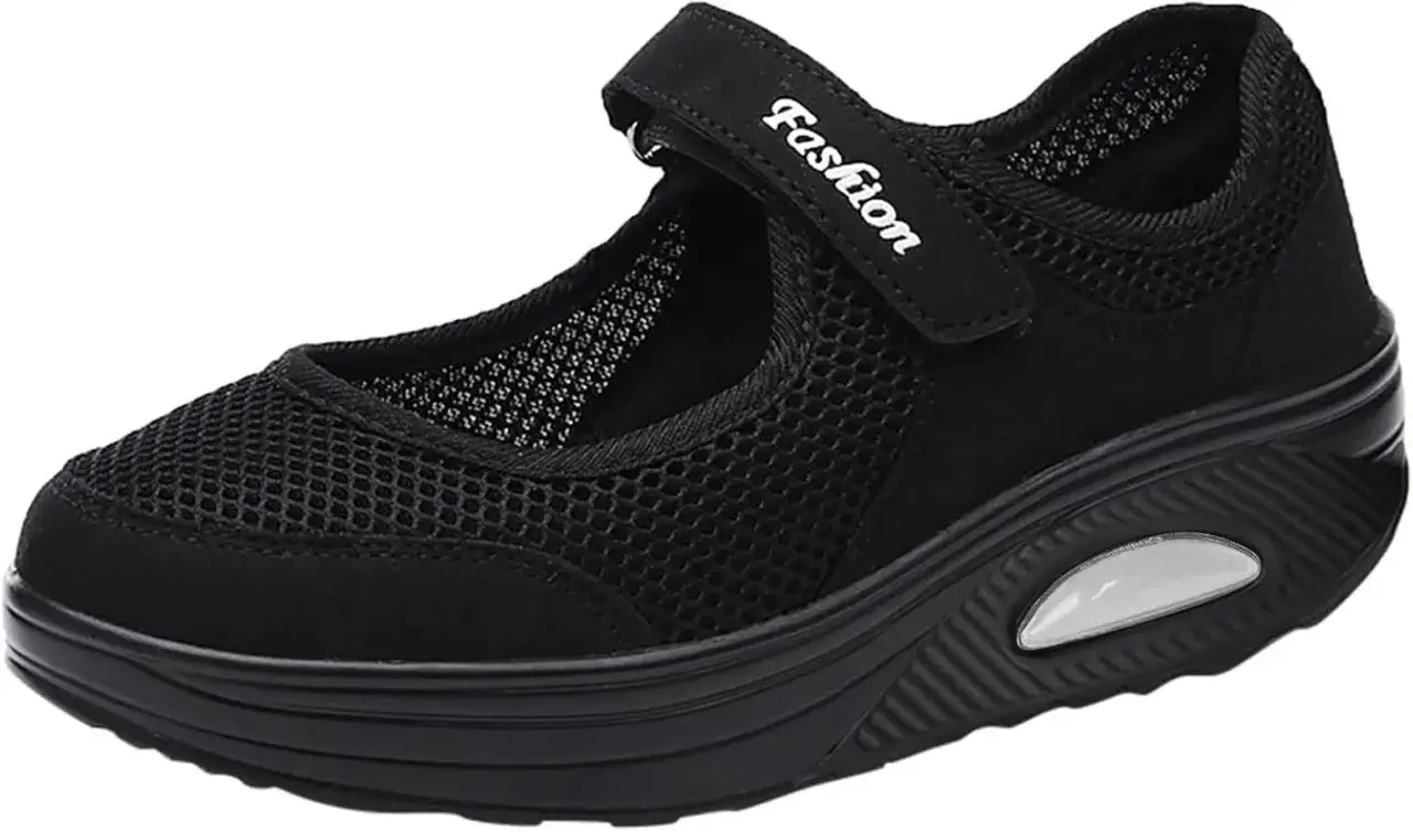 Schwarzer, atmungsaktiver Schuh mit Klettverschluss und 
