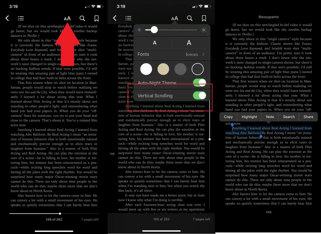 Param&egrave;tres de l'application liseuse : th&egrave;me nuit activ&eacute;, d&eacute;filement vertical activ&eacute;. Lecture d'un livre sur &eacute;cran sombre.
