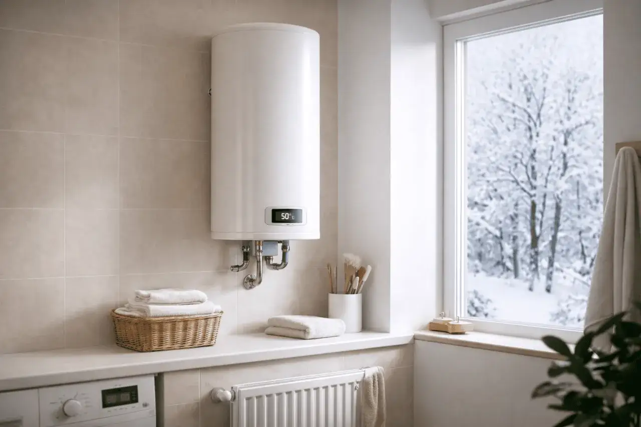 Scaldabagno elettrico da 50 litri, ideale per 2 persone. Sul display la temperatura &egrave; impostata a 50&deg;C.
