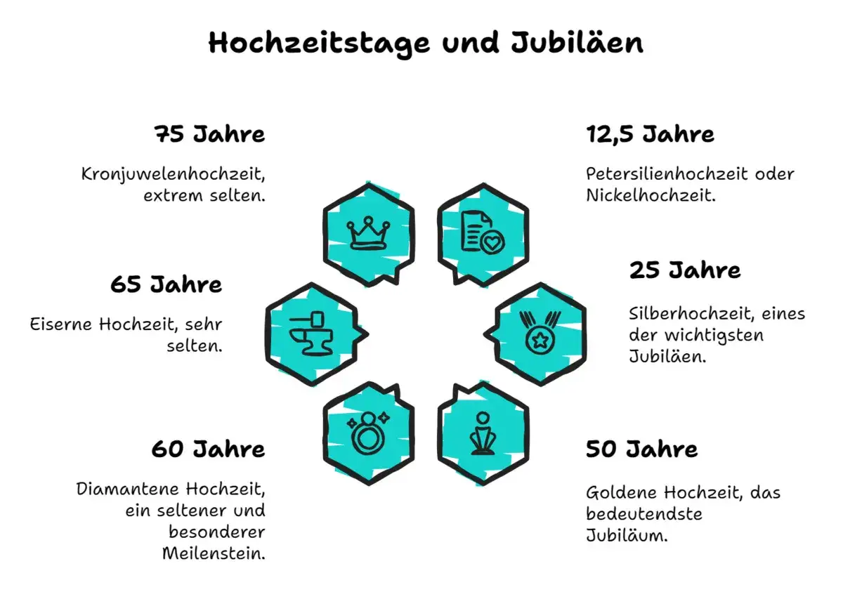 Übersicht der Hochzeitstage und Jubiläen: Von der Petersilienhochzeit (12,5 Jahre) bis zur seltenen Kronjuwelenhochzeit (75 Jahre).