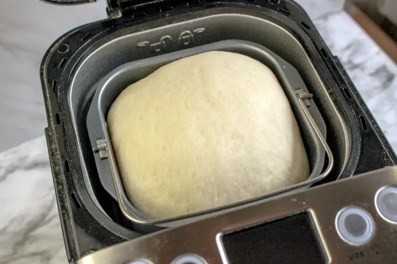 Pâte à pizza dans une machine à pain, prête à être cuite pour un délice maison.