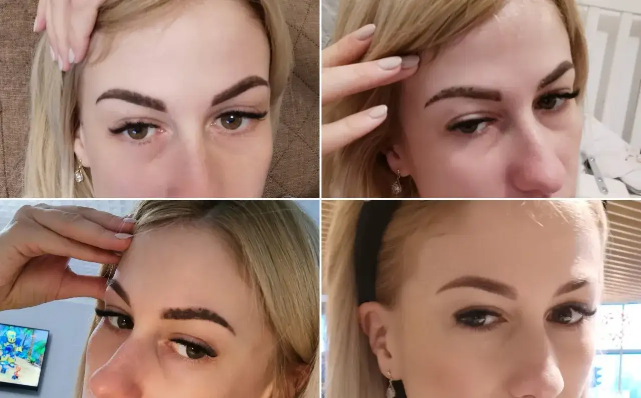Kobieta z blond włosami prezentuje swoje brwi permanentne, podkreślając, że zabieg jest bezpieczny nawet podczas karmienia piersią.