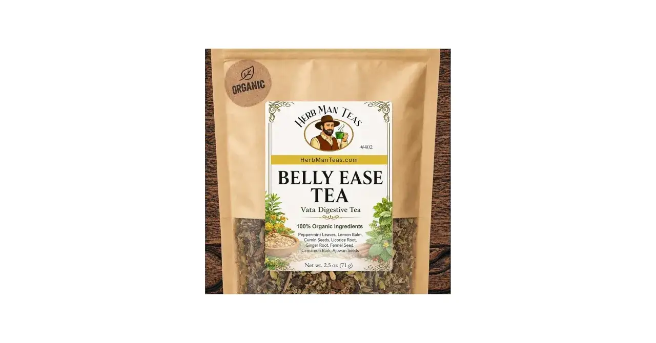 Tisana per andare in bagno fai da te: Belly Ease Tea, una miscela biologica di erbe per il benessere digestivo.