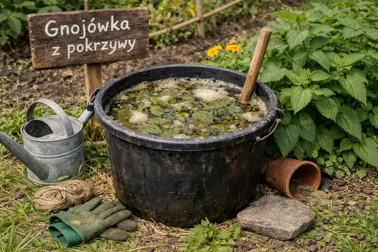 Gnojówka z pokrzywy w czarnym wiadrze, obok konewka i rękawice. Zastanawiasz się, ile azotu ma gnojówka z pokrzywy?
