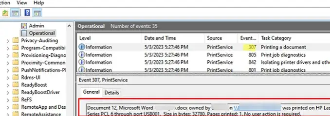 Dziennik zdarzeń Windows PrintService