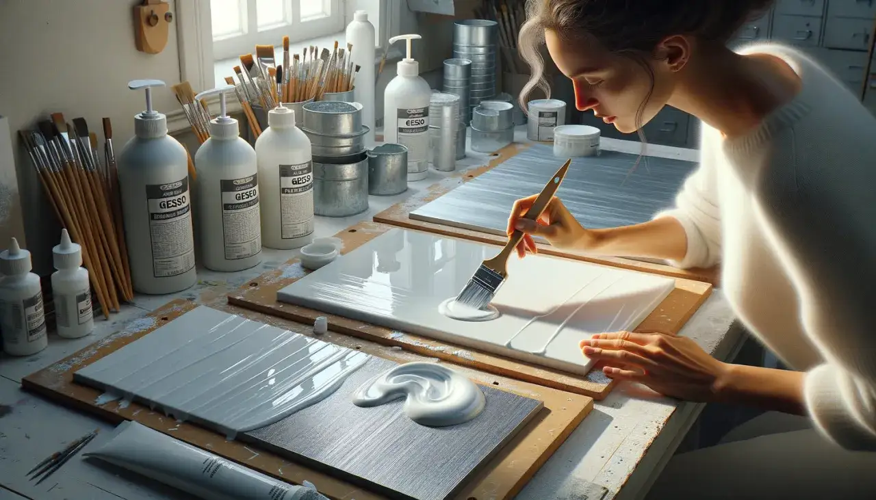 Une artiste applique de l'enduit sur toile à peindre, préparant sa surface pour une nouvelle création.