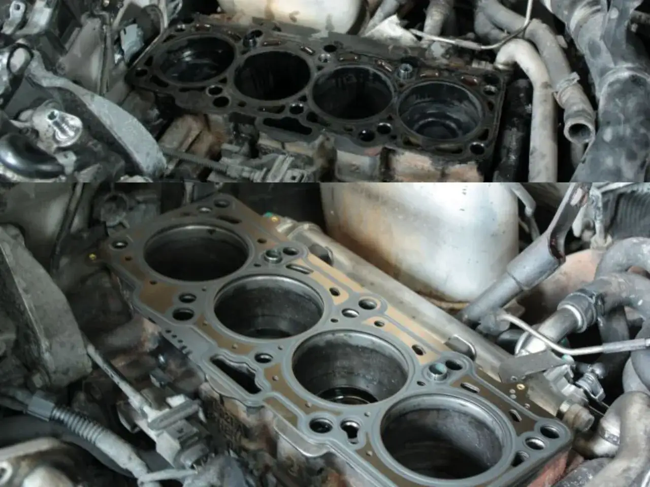Głowica silnika 2.0 TDI po demontażu, widoczne cylindry i uszczelka.