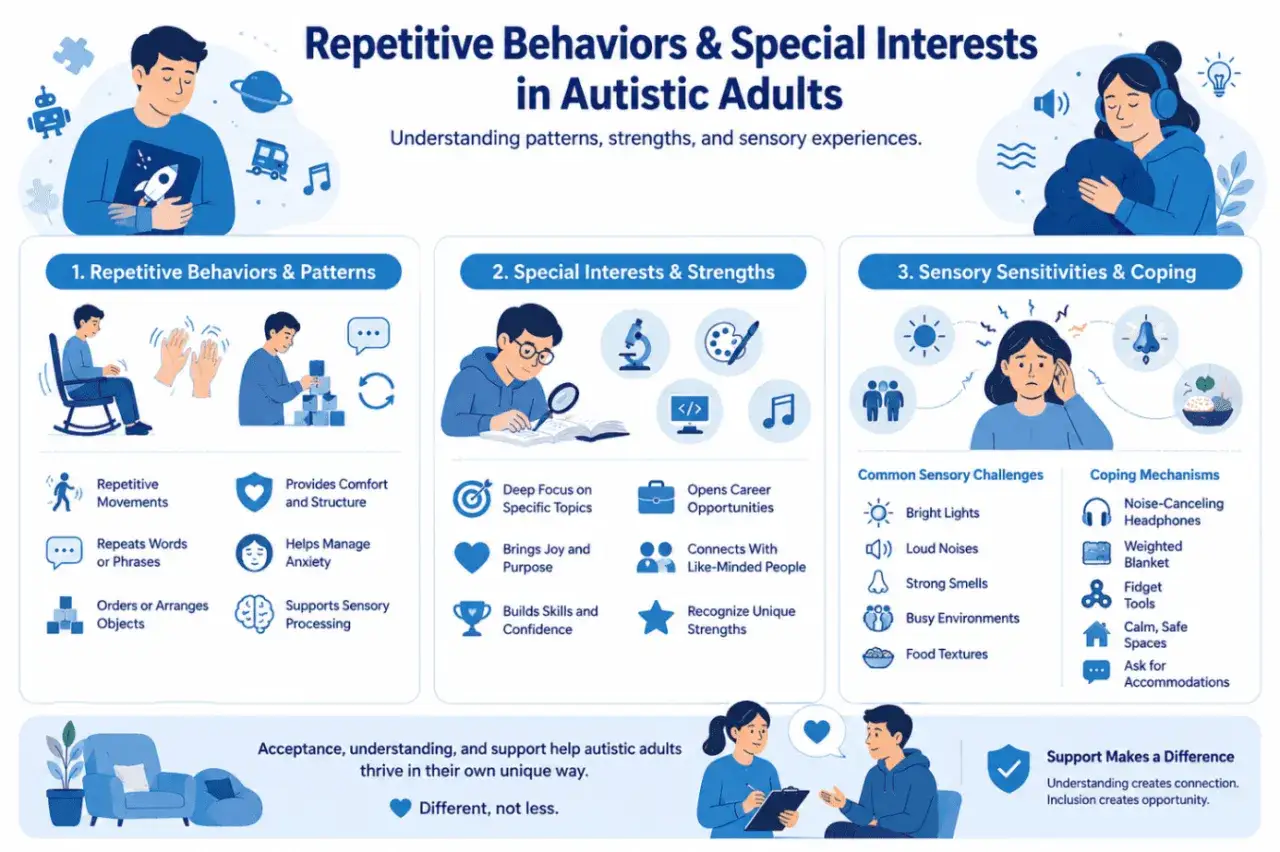 Comportamenti ripetitivi, interessi speciali e sensibilit&agrave; sensoriali negli adulti autistici. Comprendere gli autismo sintomi, punti di forza e strategie di coping.