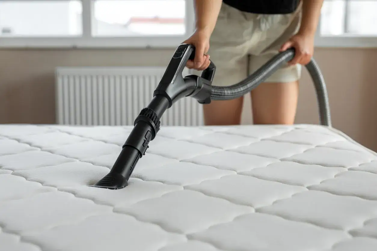 Une personne utilise un aspirateur pour nettoyer un matelas blanc. C'est une méthode simple pour savoir comment nettoyer un matelas à sec.