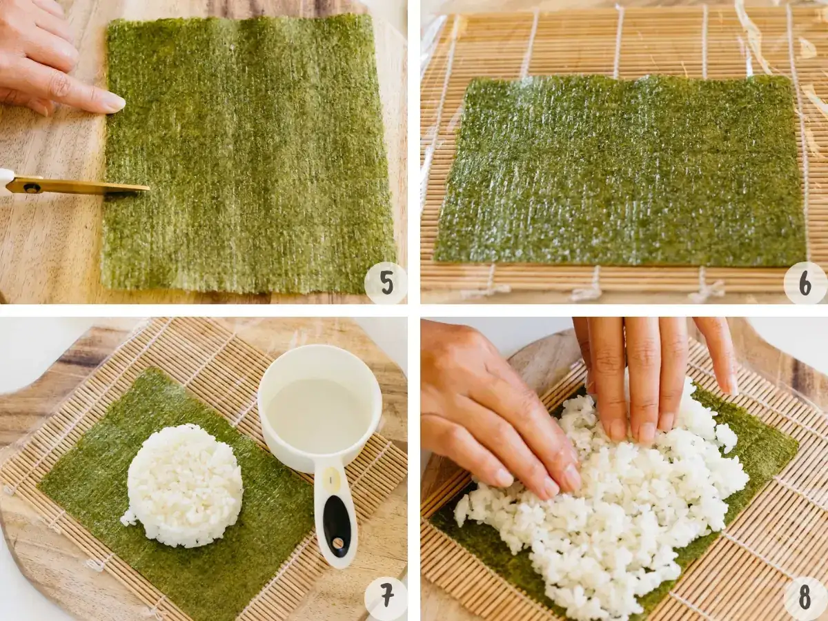 Przygotowanie ryżu do uramaki na macie bambusowej. Krok 5: cięcie nori. Krok 6: nori na macie. Krok 7: ryż i woda. Krok 8: rozprowadzanie ryżu.
