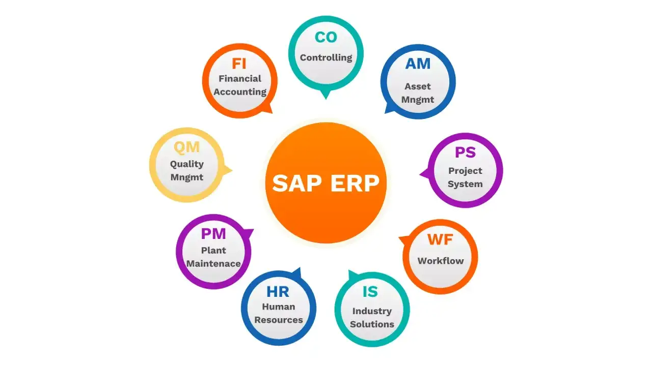 Schemat SAP ERP z modułami: FI, CO, AM, PS, WF, IS, HR, PM, QM.