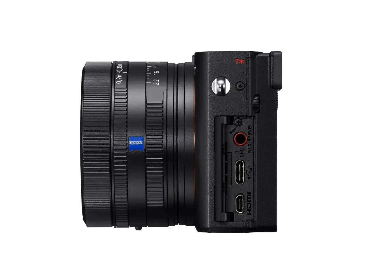 Czarny aparat Sony RX1R III z obiektywem Zeiss. Widoczne porty USB i HDMI.