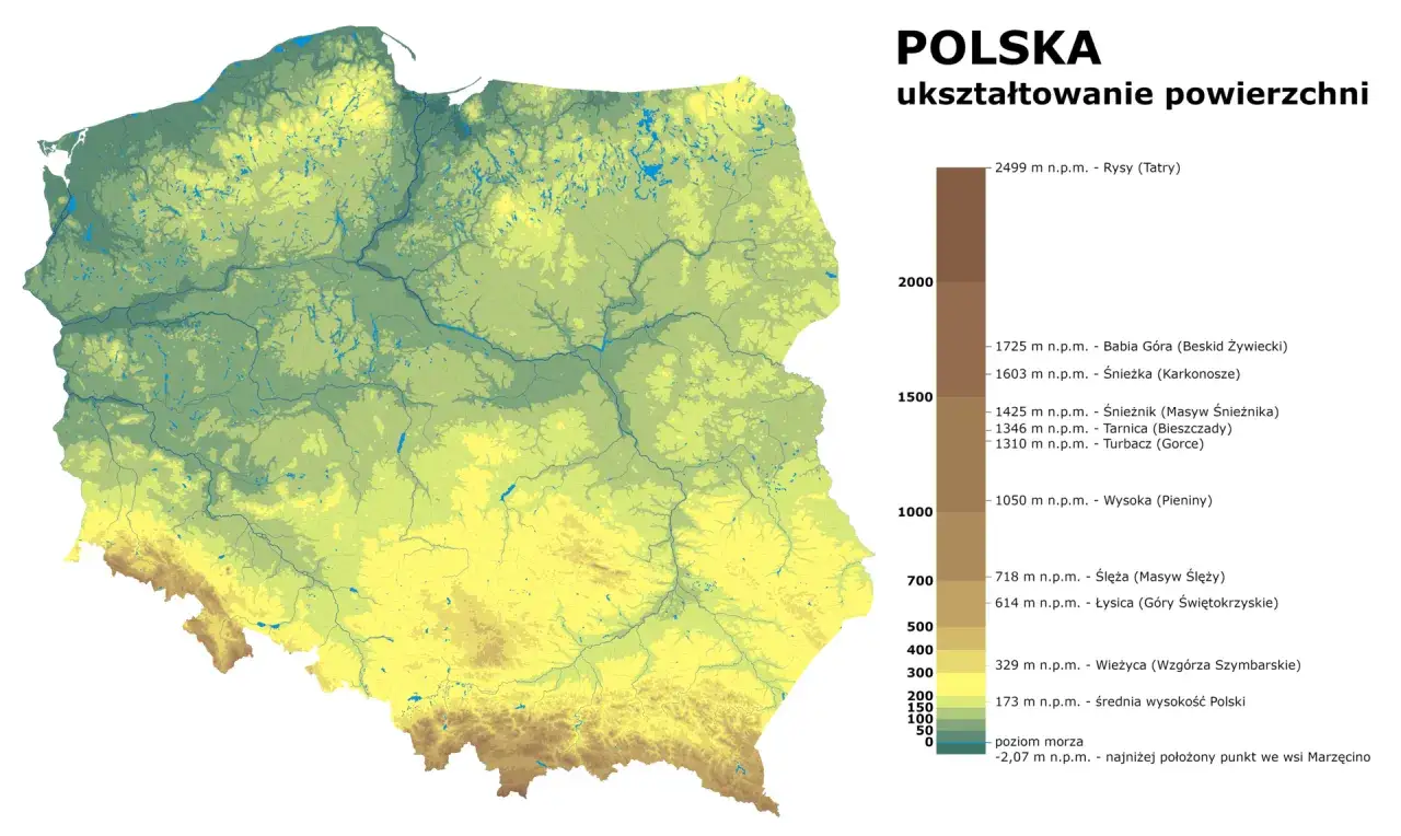 Mapa Polski ukazująca ukształtowanie terenu. Kolory odzwierciedlają wysokość nad poziomem morza, od zieleni (niskie tereny) po brązy (góry).