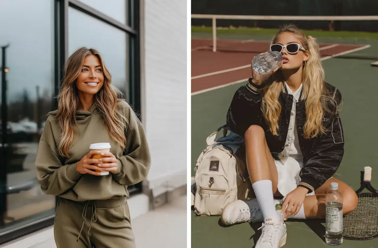 Mujer con caf&eacute; en conjunto deportivo y otra en cancha de tenis con estilo sporty.
