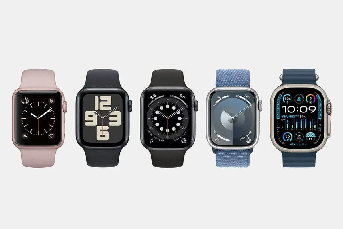 Fem olika apple watch modeller visas upp, från rosa till mörkblå, med varierande urtavlor.