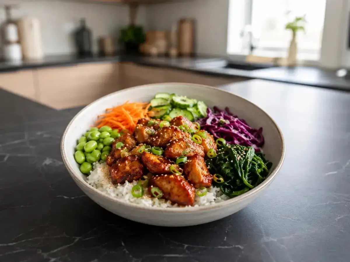 En sk&aring;l med l&auml;cker koreansk mat: ris, edamame, mor&ouml;tter, gurka, r&ouml;dk&aring;l och gr&ouml;na gr&ouml;nsaker toppad med krispiga kycklingbitar.