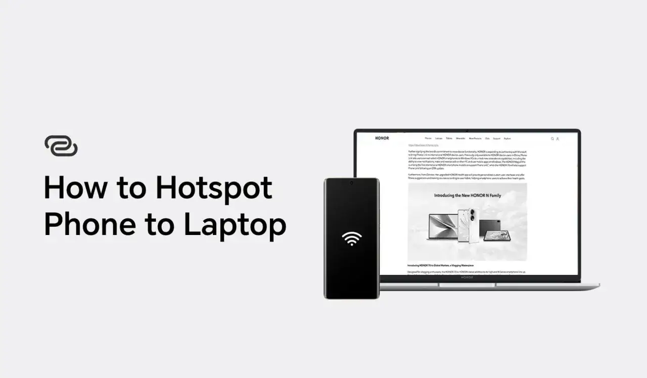 Instrukcja tetheringu telefonu z laptopem. Smartfon z ikoną Wi-Fi obok ekranu laptopa wyświetlającego stronę HONOR.