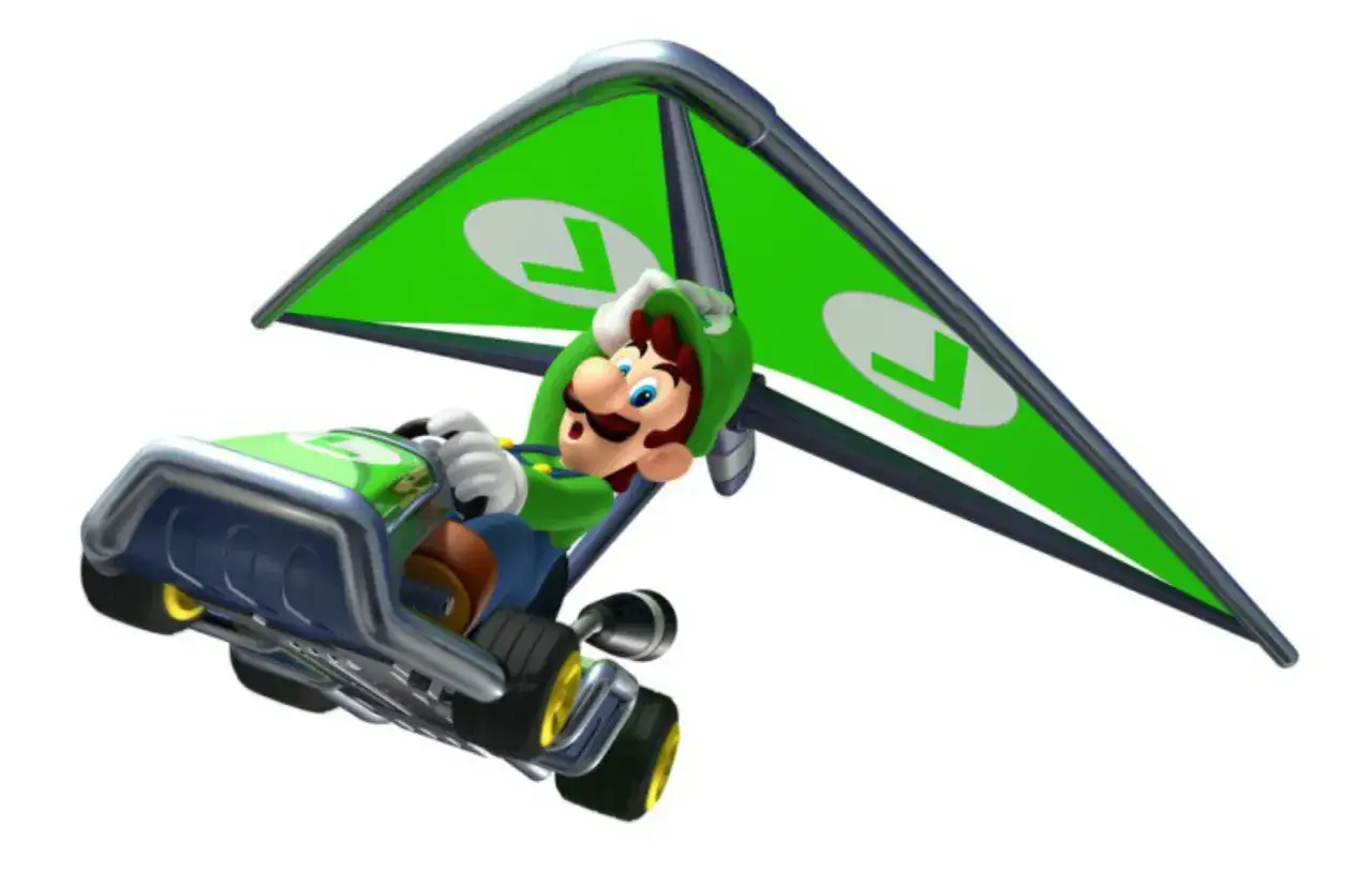 Luigi im grünen Kart mit Flügeln, bereit für den Mario Kart 8 Deluxe Best Combo Sieg.