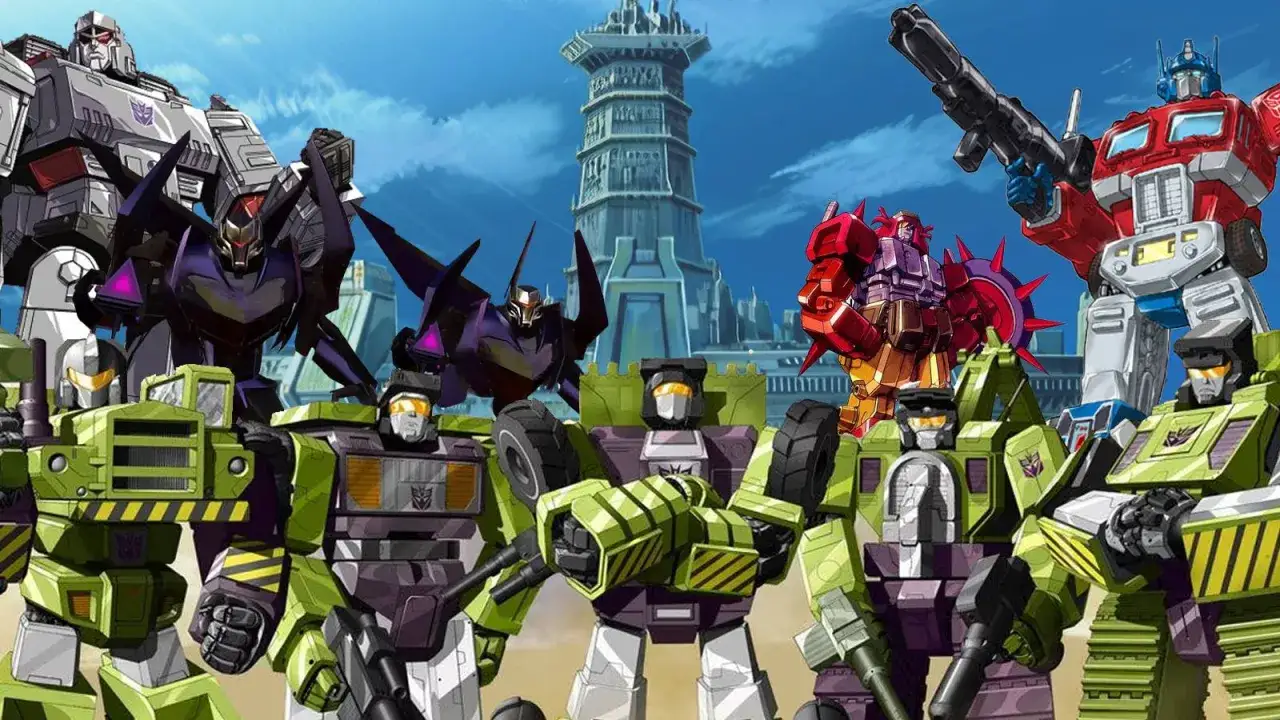 Grupa robot&oacute;w Transformers, w tym Megatron, Optimus Prime i Constructicony, szykuje się do bitwy na tle futurystycznego miasta.