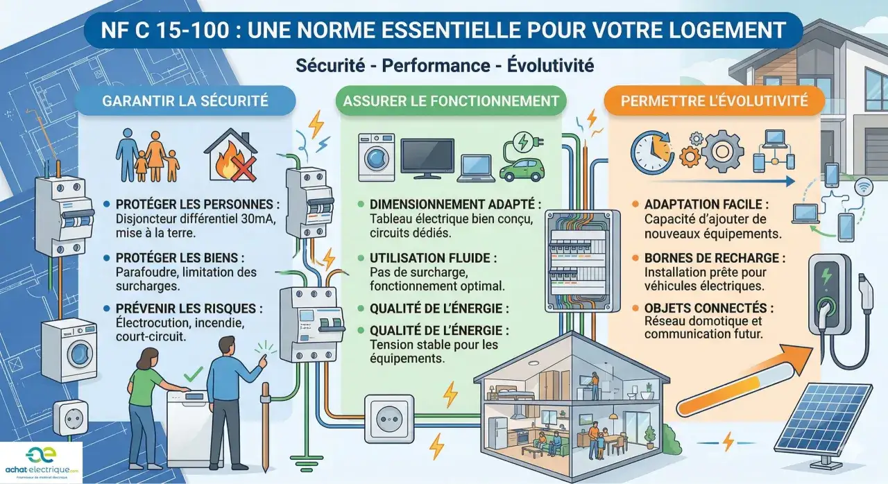 Infographie expliquant la norme électrique NF C 15-100 pour la sécurité, le fonctionnement et l'évolutivité d'un logement.