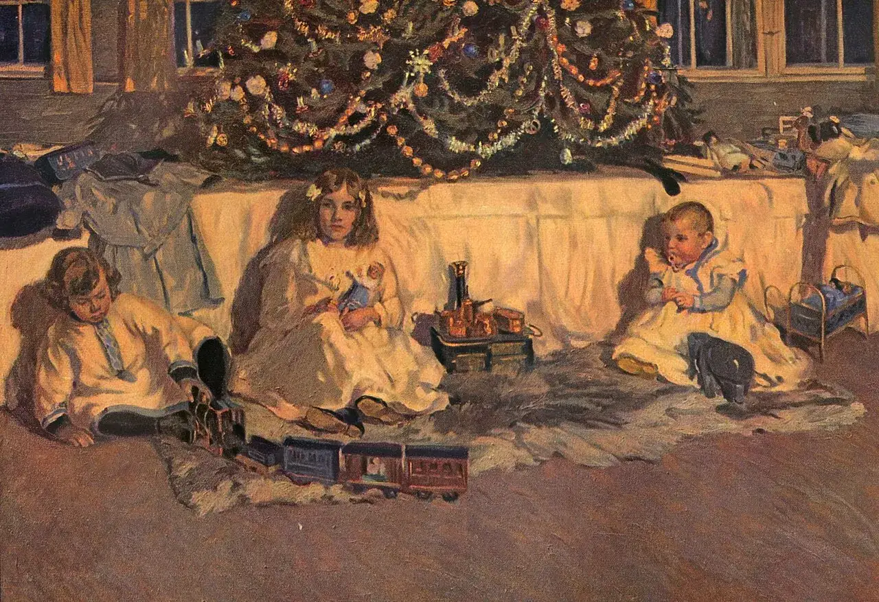Drei Kinder spielen mit Spielzeug vor einem Weihnachtsbaum. Das ist Weihnachten: Freude, Geschenke und Familie.