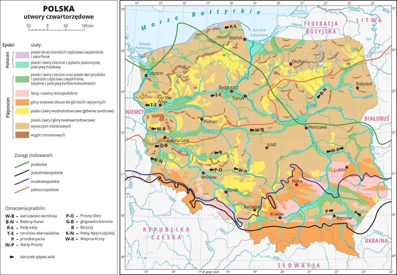Mapa Polski ukazująca utwory czwartorzędowe. Różnorodne terrain po polsku: piaski, żwiry, gliny, lessy, torfy, moreny.