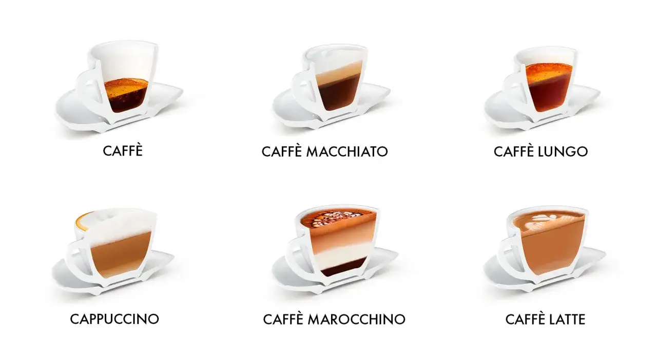 Przekroje przez filiżanki ukazujące warstwy różnych kaw włoskich: espresso, macchiato, lungo, cappuccino, marocchino i latte.