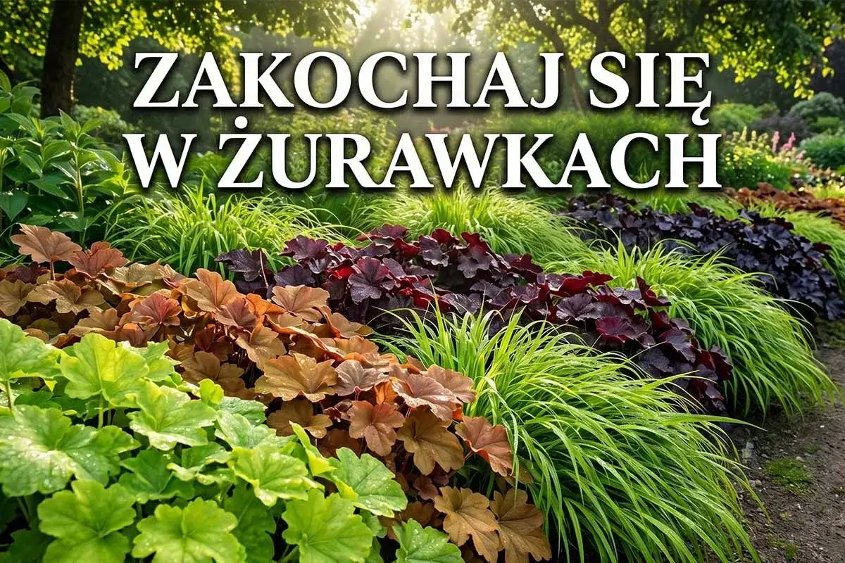Kolorowe żurawki na słońce tworzą piękny, wielobarwny dywan. Od jasnej zieleni, przez miedziane liście, po głęboki brąz i fiolet.