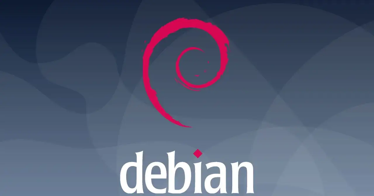 Logo Debian 10 na granatowym tle z subtelnymi, półprzezroczystymi kształtami.
