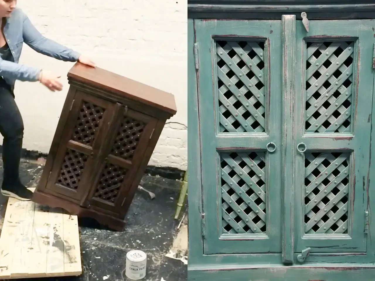 En mörk trämöbel förvandlas till en vacker shabby chic-stil med turkos chalk paint.