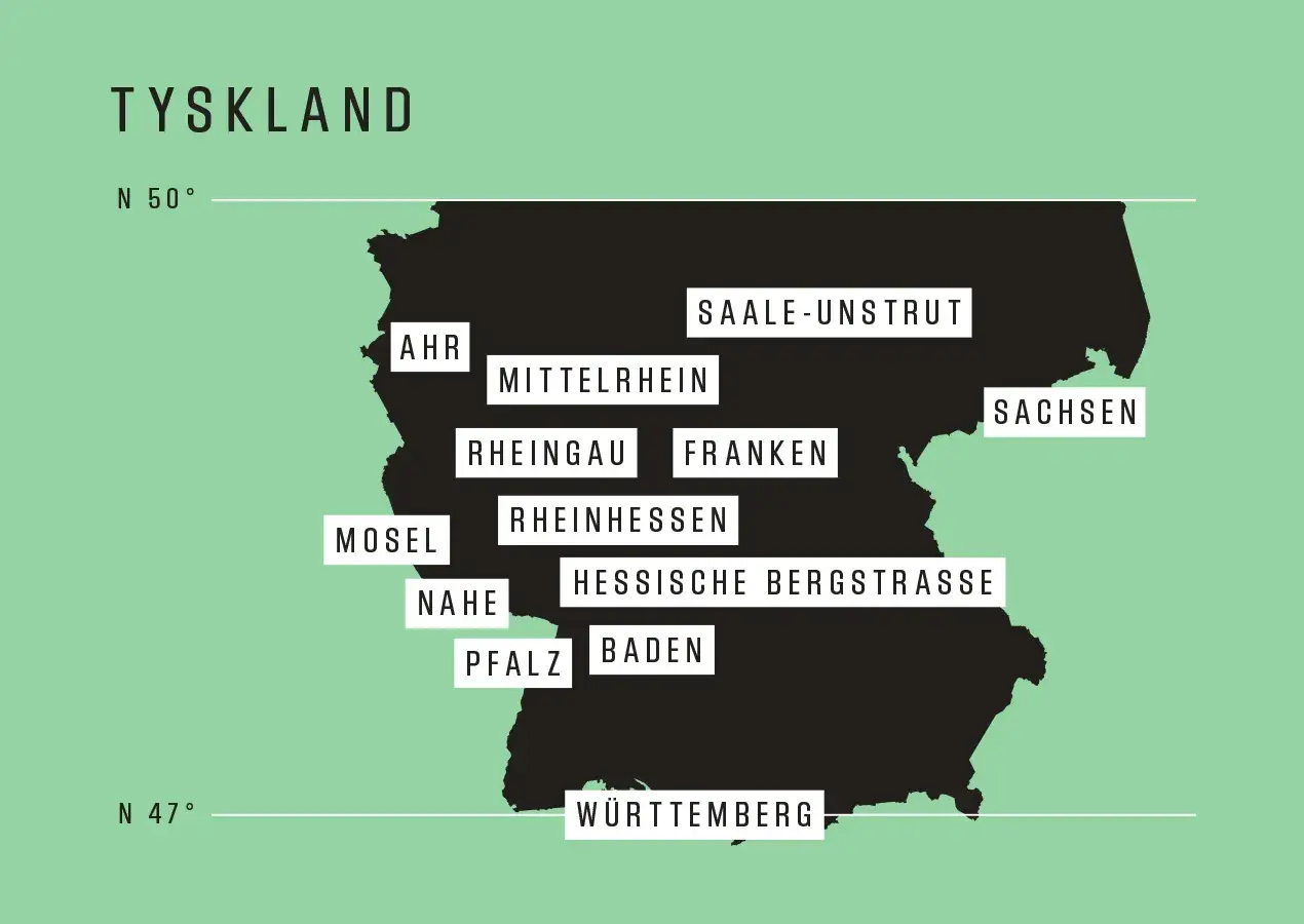 Karta &ouml;ver Tyskland med vinregioner som Ahr, Mosel, Rheingau, Franken, Sachsen. Fakta om Tyskland.