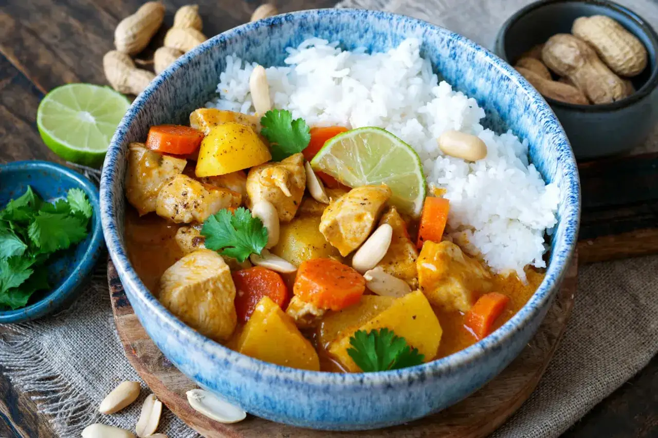 Ein k&ouml;stlicher Massaman Curry mit H&uuml;hnchen, Kartoffeln, Karotten und Erdn&uuml;ssen, serviert mit Reis und Limettenspalten.