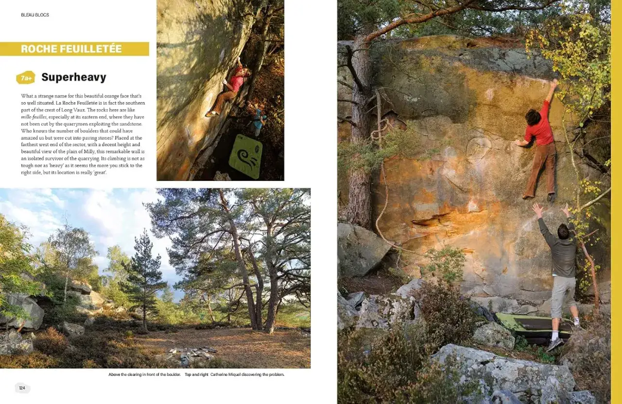 Wspinaczka na piaskowcowych skałach w Fontainebleau. Bouldering na Roche Feuillet&eacute;e.