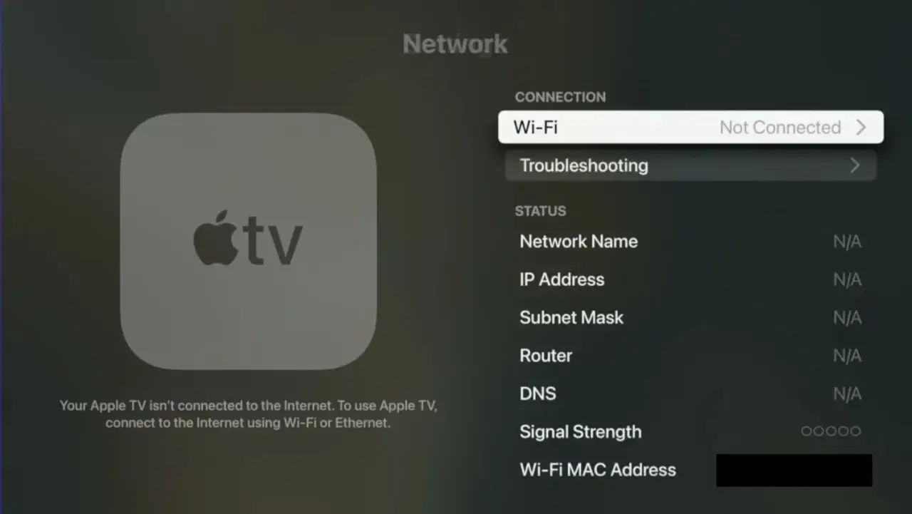 Ekran ustawień sieciowych Apple TV. Brak połączenia Wi-Fi uniemożliwia korzystanie z Apple TV i jego abonamentu.